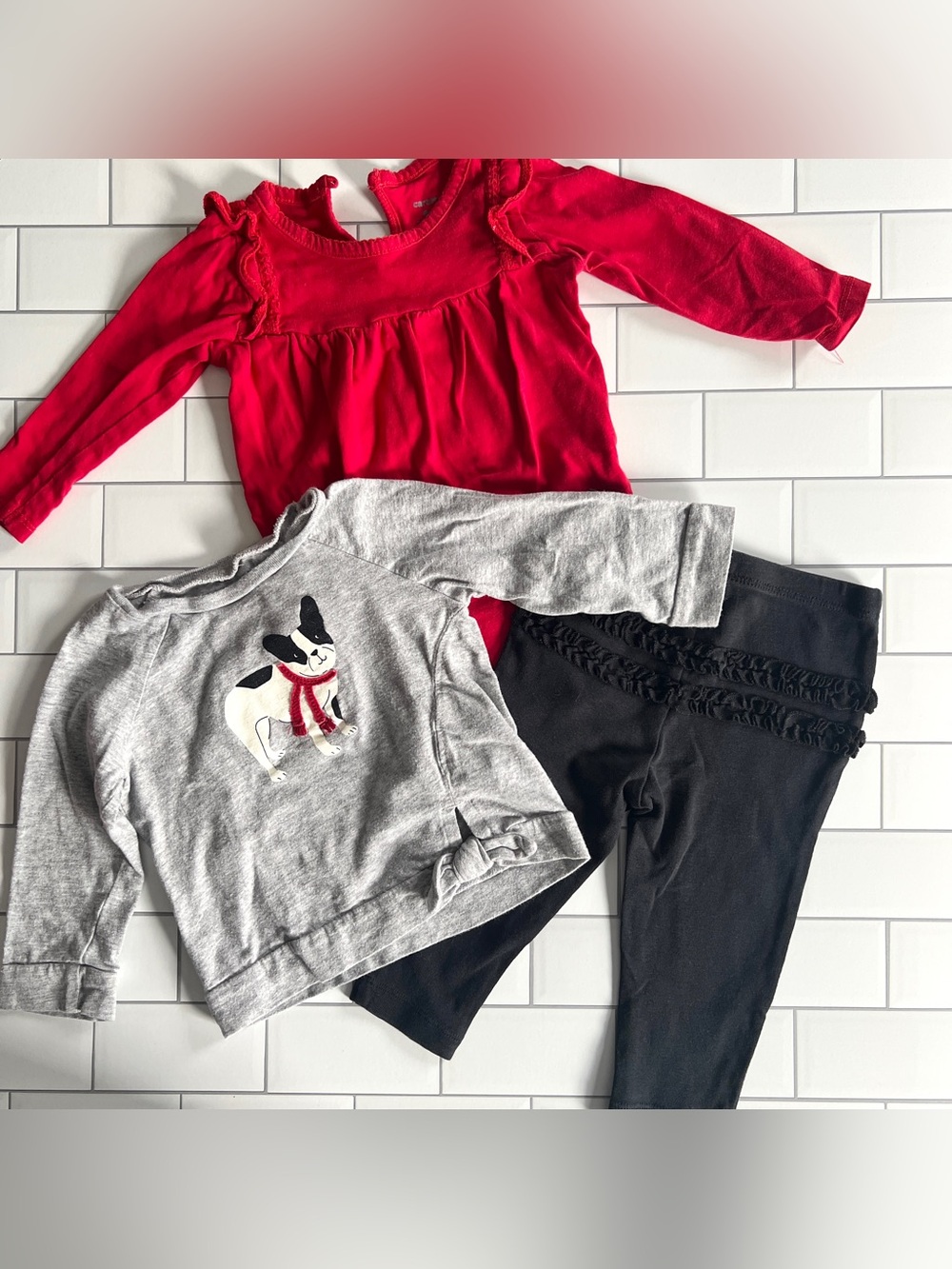 9M🐾 Carter’s French Bulldog Holiday Bundle Bodysuit Bow Shirt Ruffle Leggings